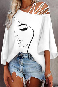Women's Printed Oversized T-Shirt – Casual Slanted Collar Graphic Top