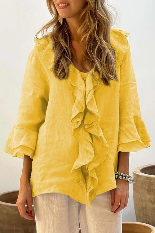 Women's Solid Color Ruffle Blouse – V-Neck Everyday Casual Top