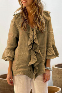 Women's Solid Color Ruffle Blouse – V-Neck Everyday Casual Top