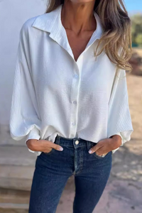 Women's Relaxed Button-Up Blouse – Puff Long Sleeve Collared Shirt