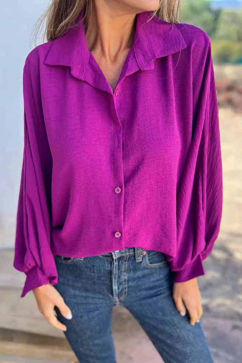 Women's Relaxed Button-Up Blouse – Puff Long Sleeve Collared Shirt