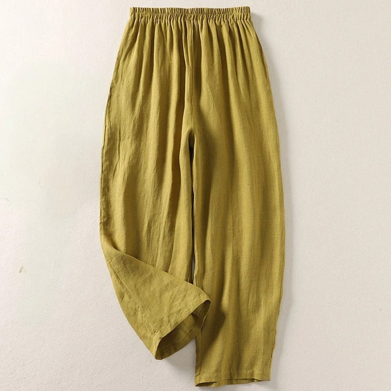 Women's Red Loose-Fit Linen Trousers with Elastic Waistband – Comfortable Summer Pants