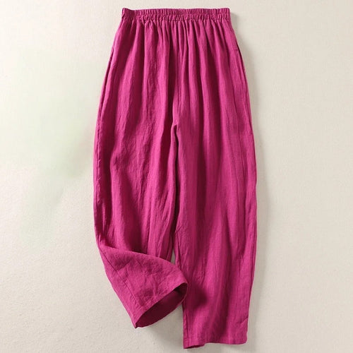 Women's Red Loose-Fit Linen Trousers with Elastic Waistband – Comfortable Summer Pants