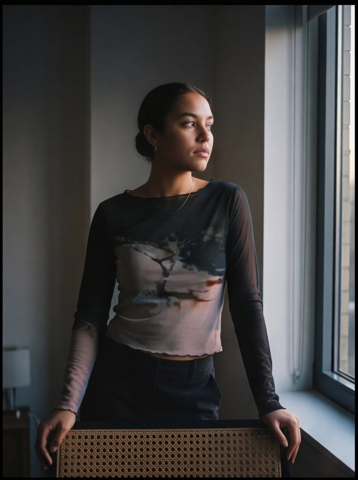 Abstract Print Black Mesh Long Sleeve Sheer Top