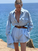 Women's Longsleeve Shirt and Pleated Shorts Set – Chic Summer Outfit