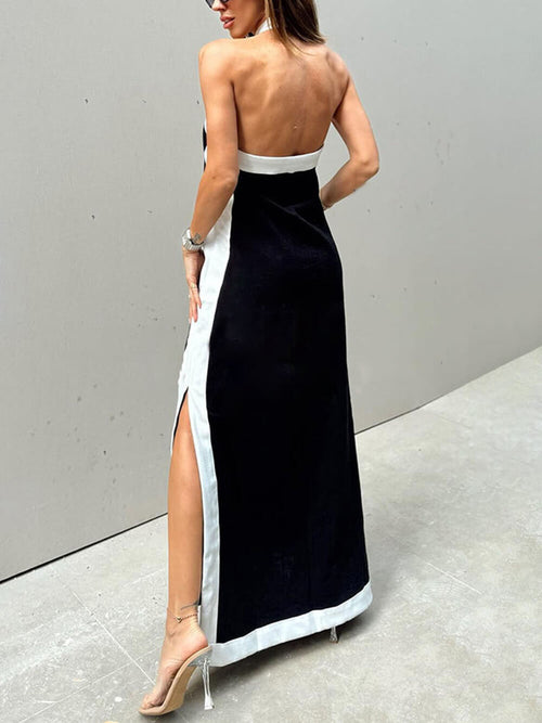 Women's Color Block Halter Neck Maxi Dress With Side Slit – Elegant Dress