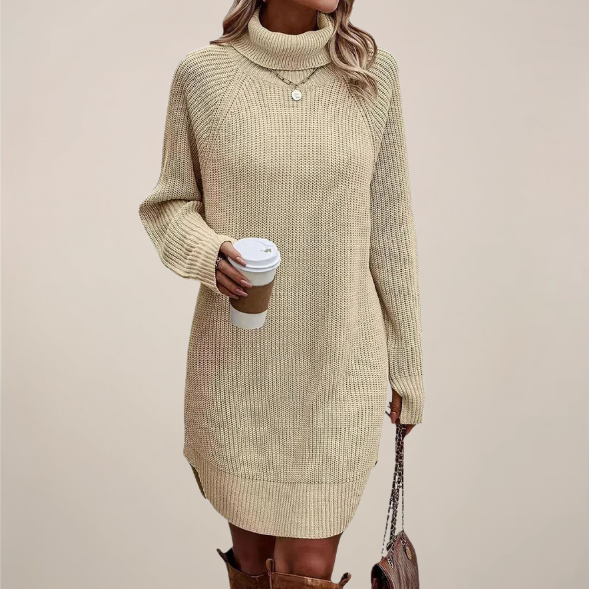 Women’s Turtleneck Sweater Dress – Knit, Long Sleeve, Knee-Skimming