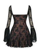 Women's Square-Neck Corset Lace Mini Dress – Long-Sleeve Elegant Fit