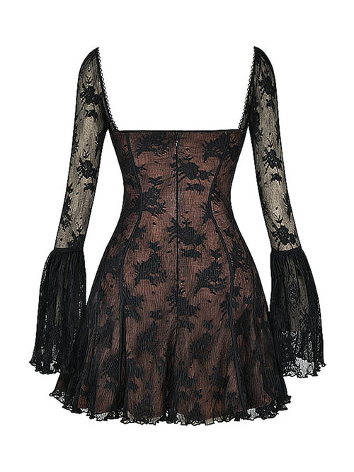Women's Square-Neck Corset Lace Mini Dress – Long-Sleeve Elegant Fit