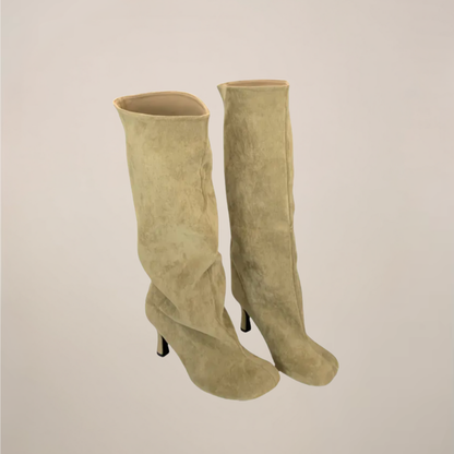 Women’s Knee-High Boots – Peep Toe, Sculpted Wedge, Slouch Shaft