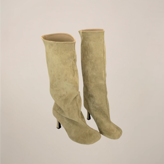 Women’s Knee-High Boots – Peep Toe, Sculpted Wedge, Slouch Shaft