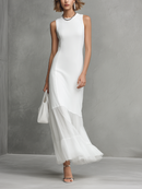 Elegant Women's White Sleeveless Dress With Milk Silk And Chiffon Paneling
