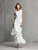 Elegant Women's White Sleeveless Dress With Milk Silk And Chiffon Paneling
