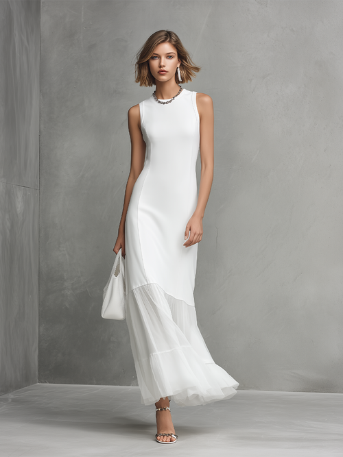 Elegant Women's White Sleeveless Dress With Milk Silk And Chiffon Paneling