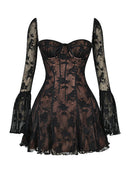 Women's Square-Neck Corset Lace Mini Dress – Long-Sleeve Elegant Fit