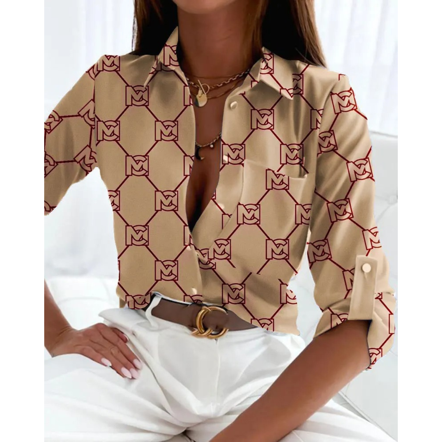 Women's Colorful Patterned Button-Up Blouse – Long Sleeve Business Shirt