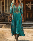 Women's Boho Floral Long Sleeve Dress – Vintage Print Maxi Dress