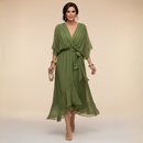 Women's Elegant V-Neck Chiffon Flared Midi Dress with Belt - Perfect Wedding Guest Dress