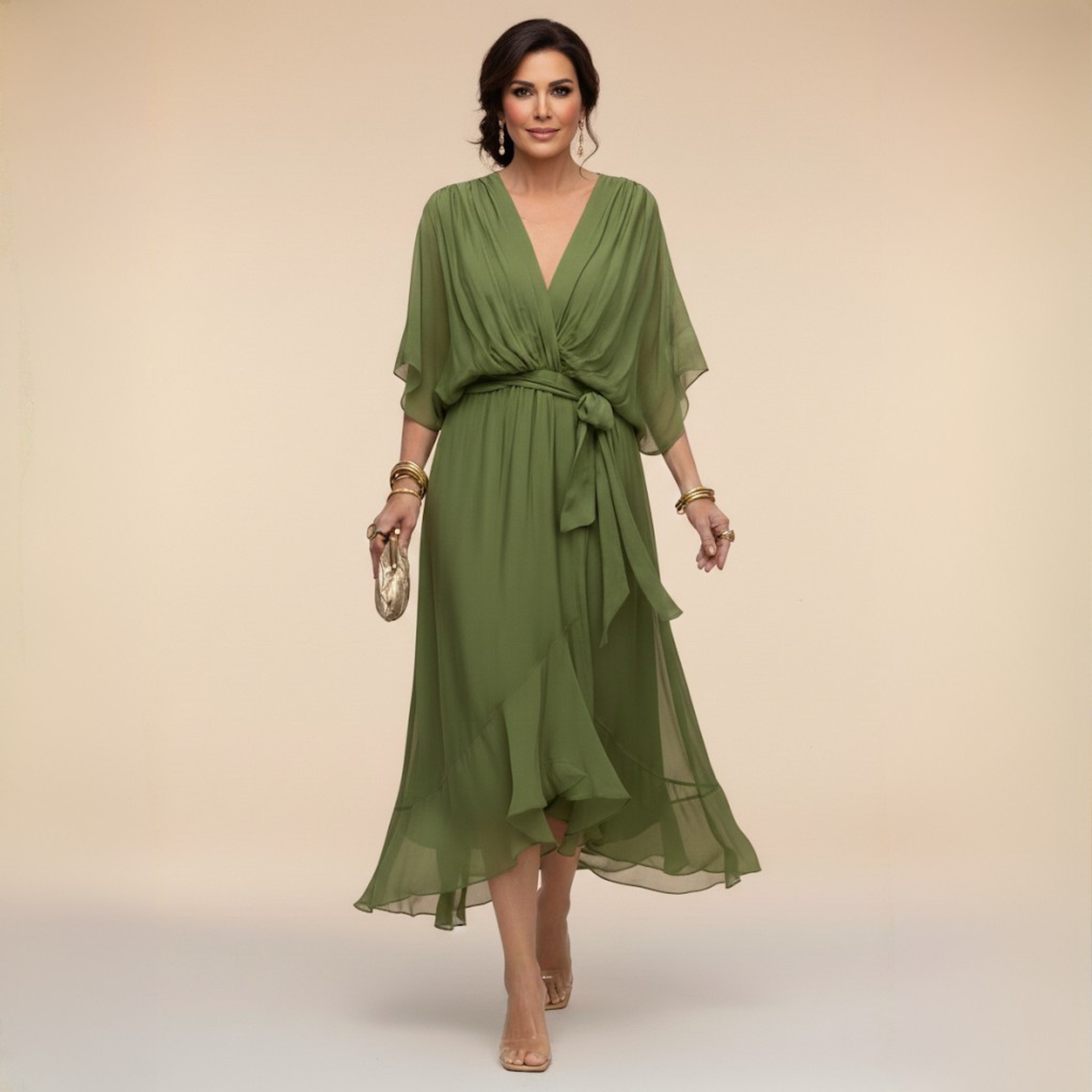 Women's Elegant V-Neck Chiffon Flared Midi Dress with Belt - Perfect Wedding Guest Dress