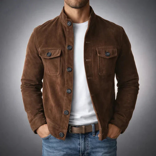 Men's Olive Green Suede Button-Up Jacket – Stylish Casual Outerwear