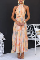 Women's Elegant Halter Neck Watercolour Maxi Dress - Summer Flowy Gown