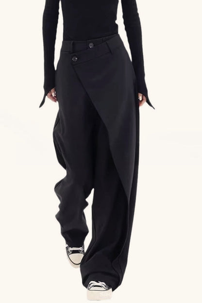 Asymmetric Layered Button Loose Wide Leg Pants-1