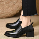 Women's Pointed Toe Leather Loafers With Chunky Heels – Casual Shoes