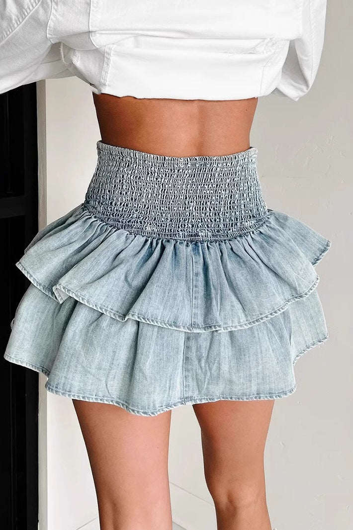 American Retro Denim Ruffled Skirt