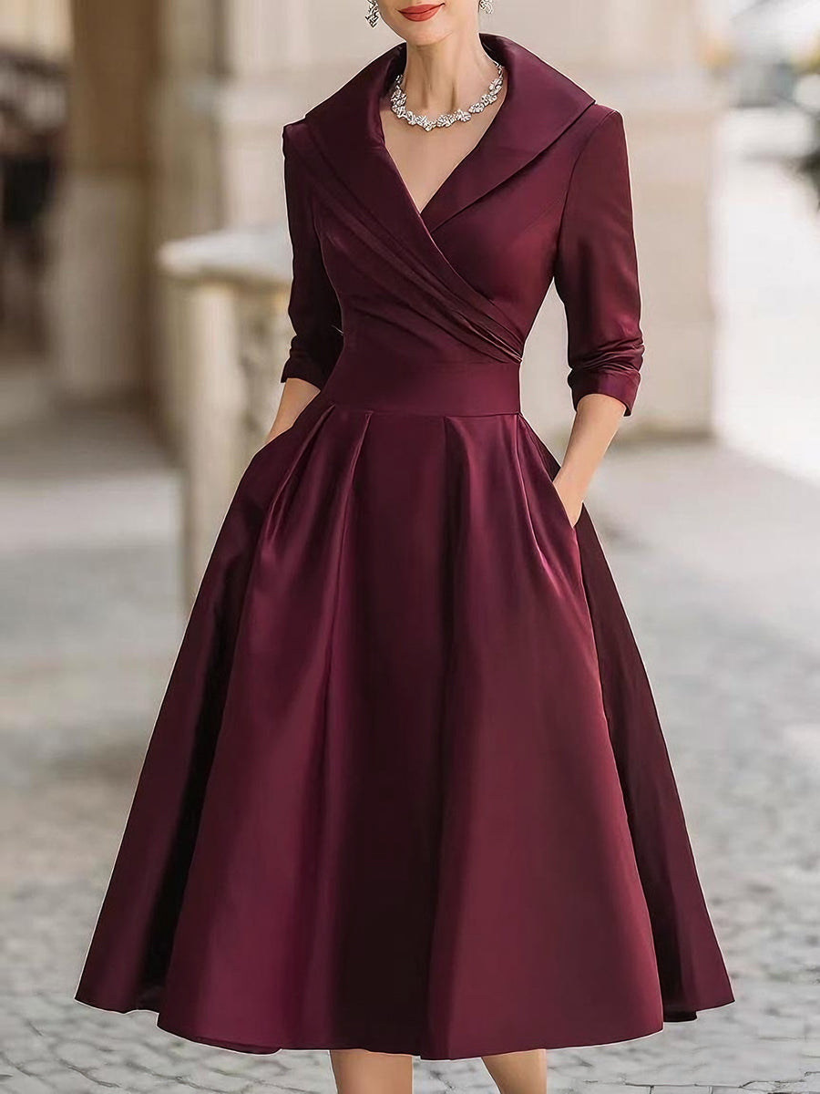 Women's Satin V-Neck Midi Dress – Long Sleeve Elegant Collared Dress