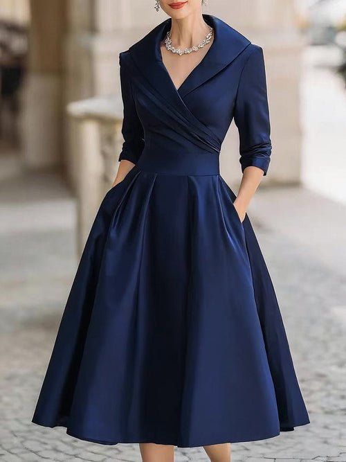 Women's Satin V-Neck Midi Dress – Long Sleeve Elegant Collared Dress