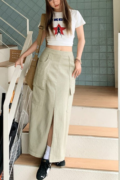 American Utility Denim Slit Midi Skirt