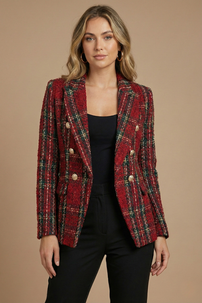 Women’s Tweed Check Double-Breasted Blazer – Vintage Fit, Gold Buttons