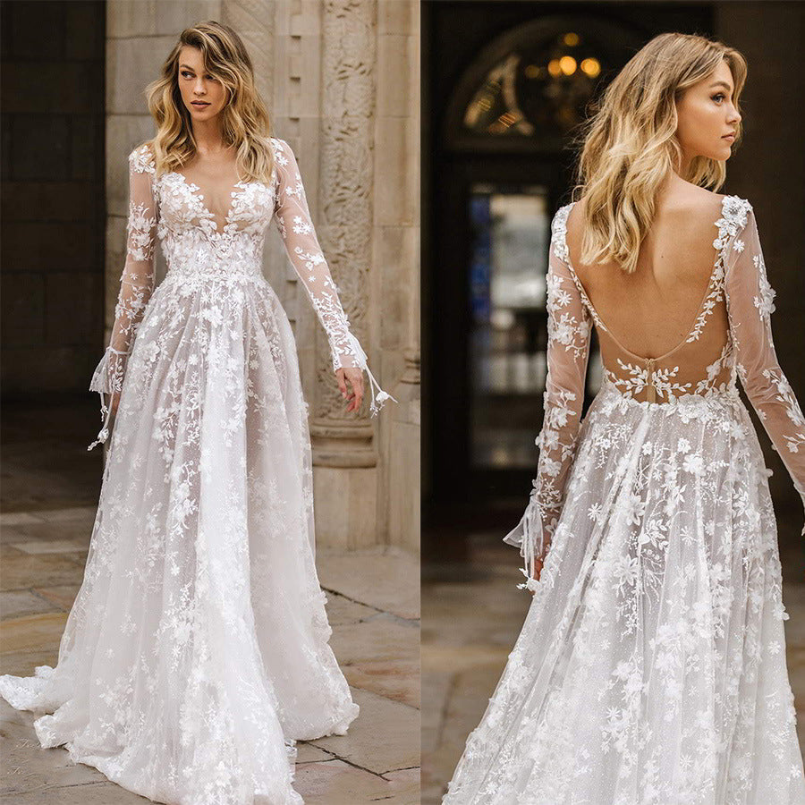 Women's Elegant Deep V-Neck Wedding Dress With Floral Lace Appliqués – Romantic Bridal Gown