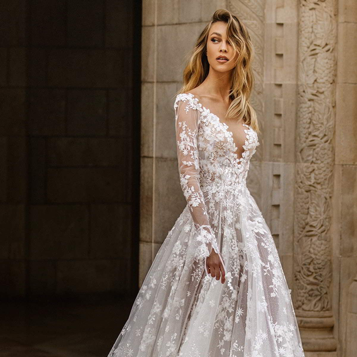 Women's Elegant Deep V-Neck Wedding Dress With Floral Lace Appliqués – Romantic Bridal Gown