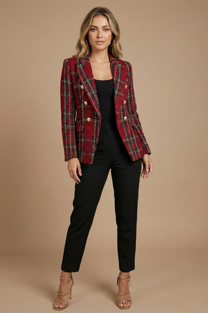 Women’s Tweed Check Double-Breasted Blazer – Vintage Fit, Gold Buttons