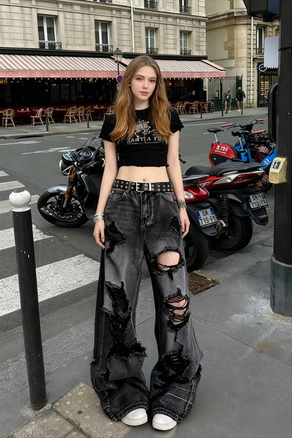 Amy Fashion - High Street Heavy Industry Wide Leg Niche Design Trendy Brand Women's Jean