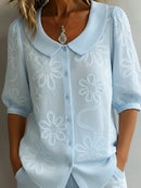 Women's Floral Embroidered Peter Pan Collar Blouse – Lightweight Vintage Top