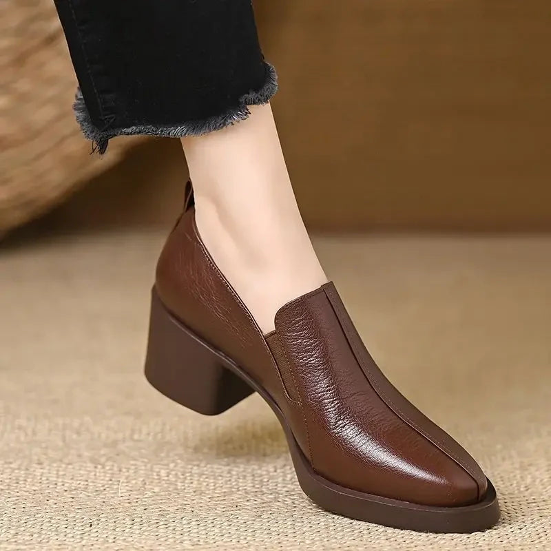 Women's Pointed Toe Leather Loafers With Chunky Heels – Casual Shoes