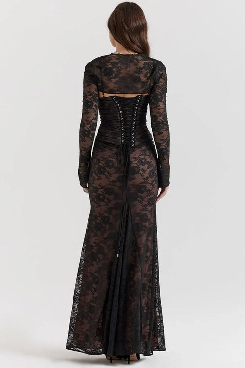 Women's Lace Bodycon Maxi Dress Set – Long Sleeve Cropped Jacket