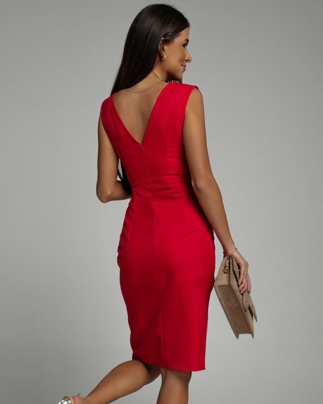Women’s V-Neck Fitted Office Dress - Short Sleeve Slit Pencil Style