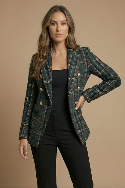 Women’s Tweed Check Double-Breasted Blazer – Vintage Fit, Gold Buttons