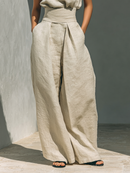 Women’s Linen Two Piece Set - Turtleneck Top Wide Leg Pants