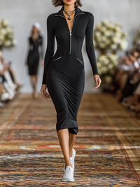 Women's Sports Cotton Blend Skinny Zipper Lapel Midi Dress