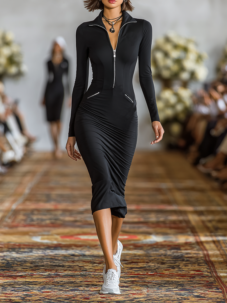 Women's Sports Cotton Blend Skinny Zipper Lapel Midi Dress