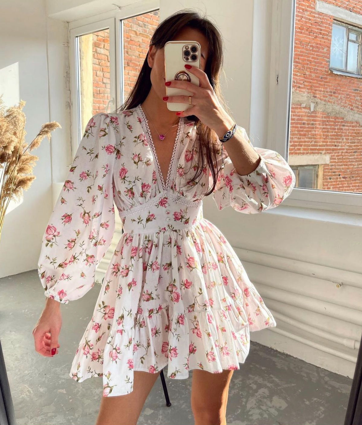 Women's V-Neck Floral Mini Dress with Long Puff Sleeves – Stylish Party Dress