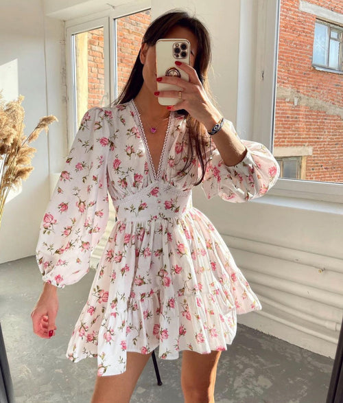 Women's V-Neck Floral Mini Dress with Long Puff Sleeves – Stylish Party Dress