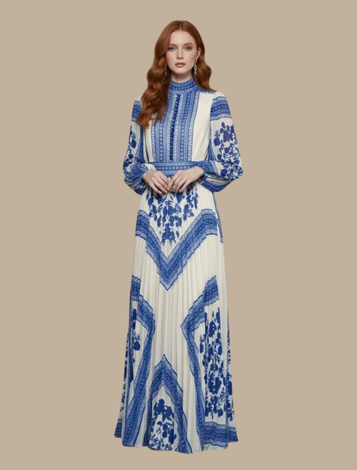 Women’s Pleated Maxi Evening Dress – High Neck Long Sleeve Formal Gown