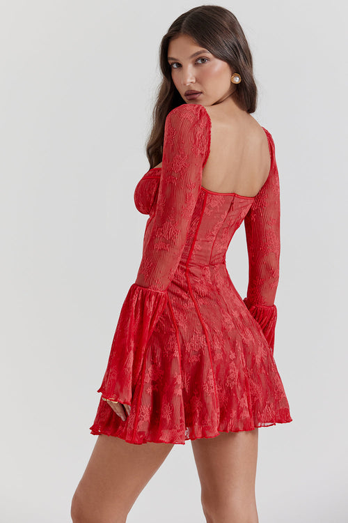 Women's Square-Neck Corset Lace Mini Dress – Long-Sleeve Elegant Fit