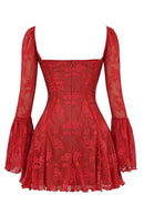 Women's Square-Neck Corset Lace Mini Dress – Long-Sleeve Elegant Fit