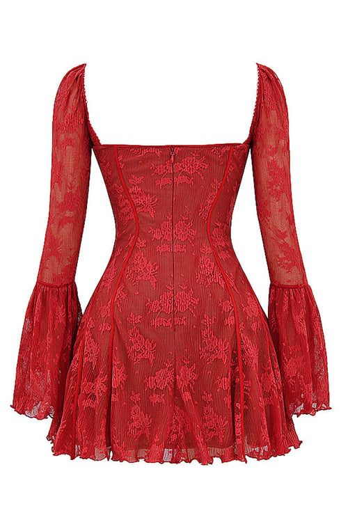 Women's Square-Neck Corset Lace Mini Dress – Long-Sleeve Elegant Fit